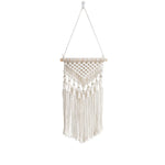 tapisserie macramé bohème beige clair motifs géométriques franges opaques décorative art murale