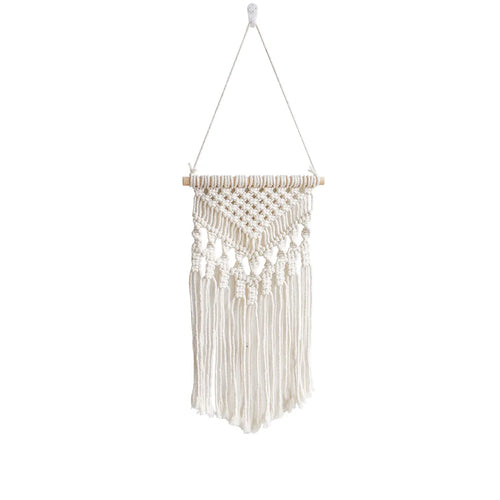tapisserie macramé bohème beige clair motifs géométriques franges opaques décorative art murale