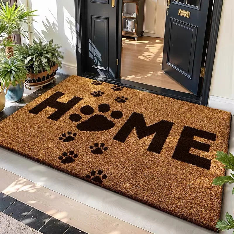 tapis d'entrée décoratif marron clair motif accueil pattes chien intérieur extérieur antidérapant lavable moderne