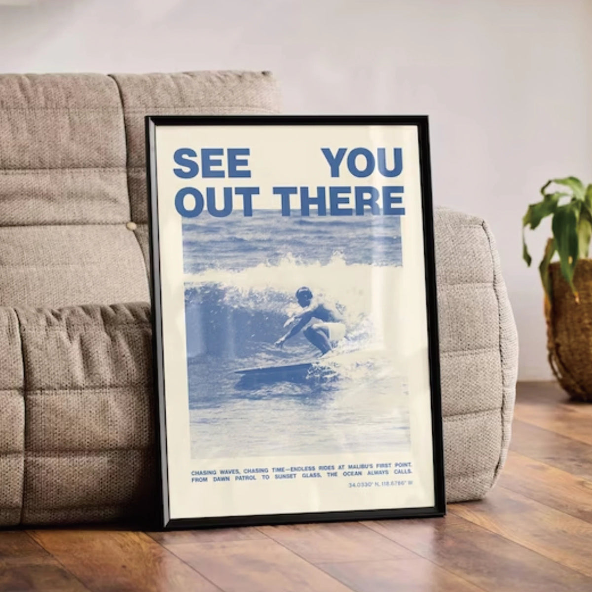 affiche surf vintage surfeur vague bleu blanc cadre mural décoration chambre salon