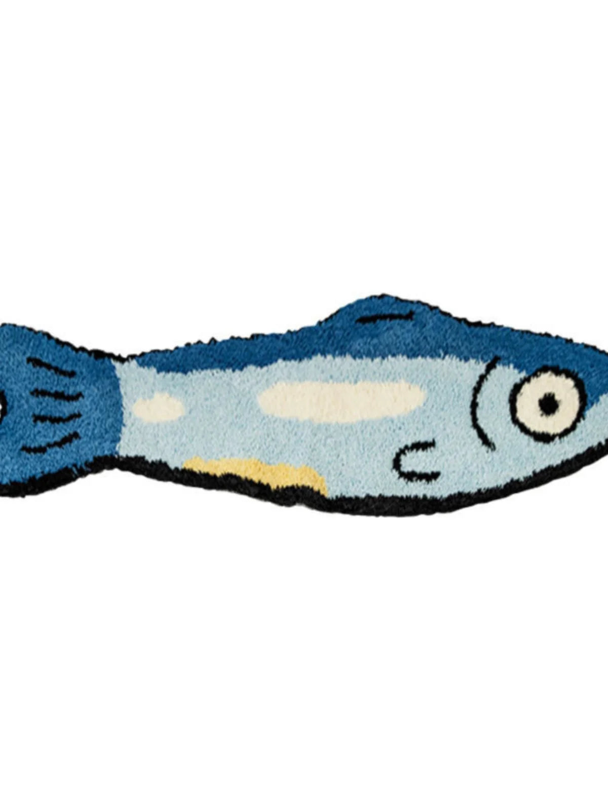 tapis créatif dessin animé poisson stylisé souriant motifs géométriques bleu blanc jaune noir maison
