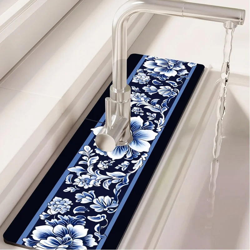 tapis cuisine bleu marine fleurs blancs antidérapant rapide absorption eau durable réutilisable comptoir bar