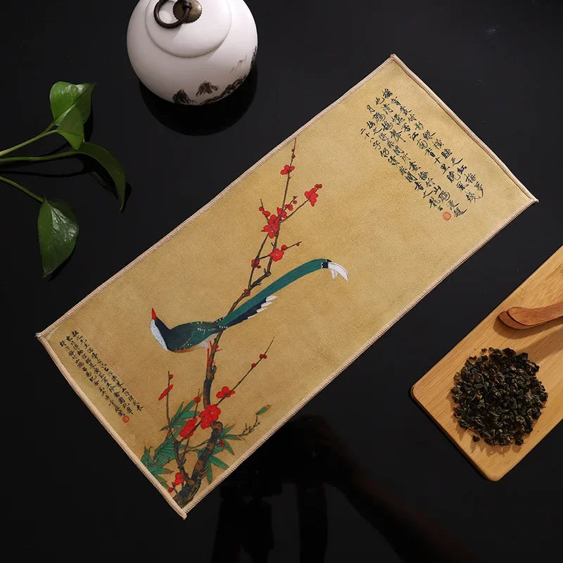 serviettes thé vert bleu beige peinture chinoise motifs floraux art traditionnel zipper cuisine