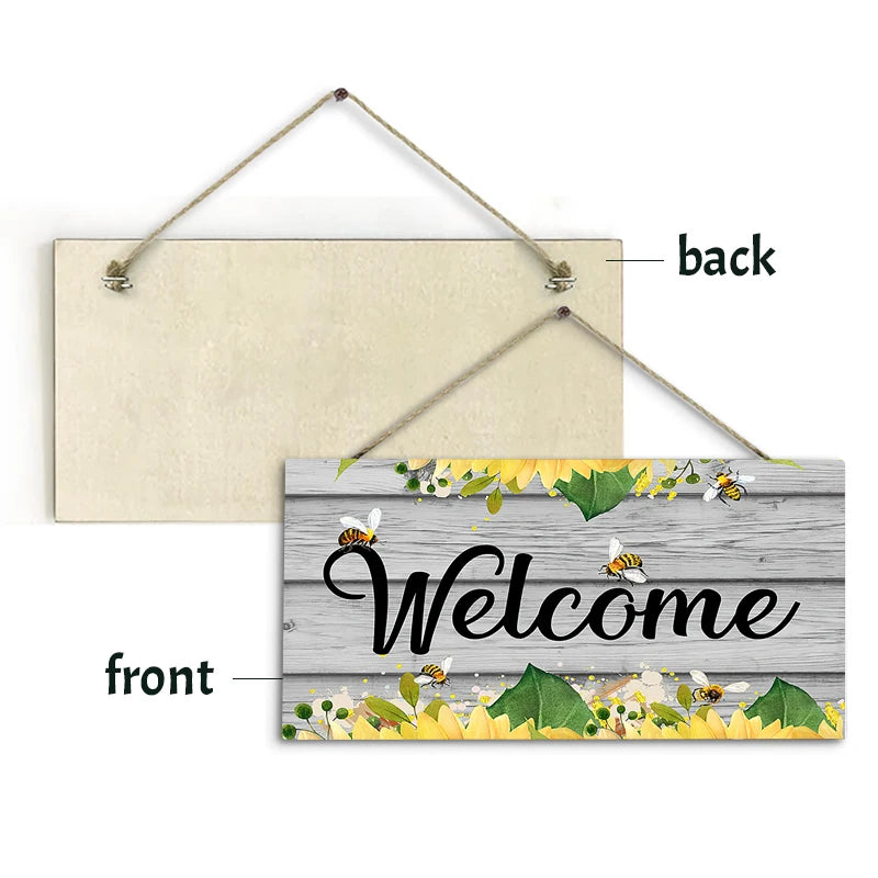 décoration murale bienvenue bois vieilli fleurs abeilles rustic vintage chambre salon entrée
