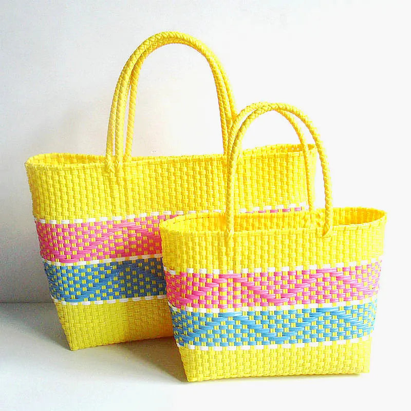 sac main plastique tissé géométrique polyvalent femme moderne noir blanc jaune bleu turquoise poches