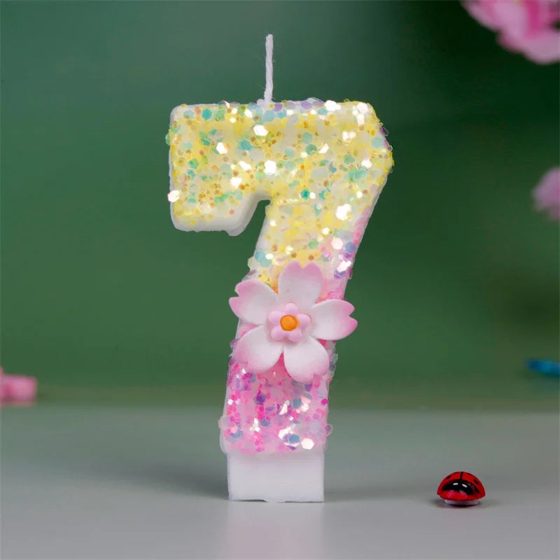 bougies numériques paillettes fleur relief anniversaire enfant décoratives jaune rose blanches