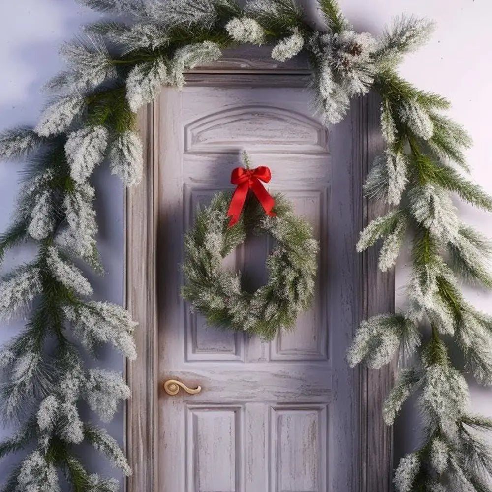 guirlande decorative noel vert neige branches feuillues vase panier osier festive rustique