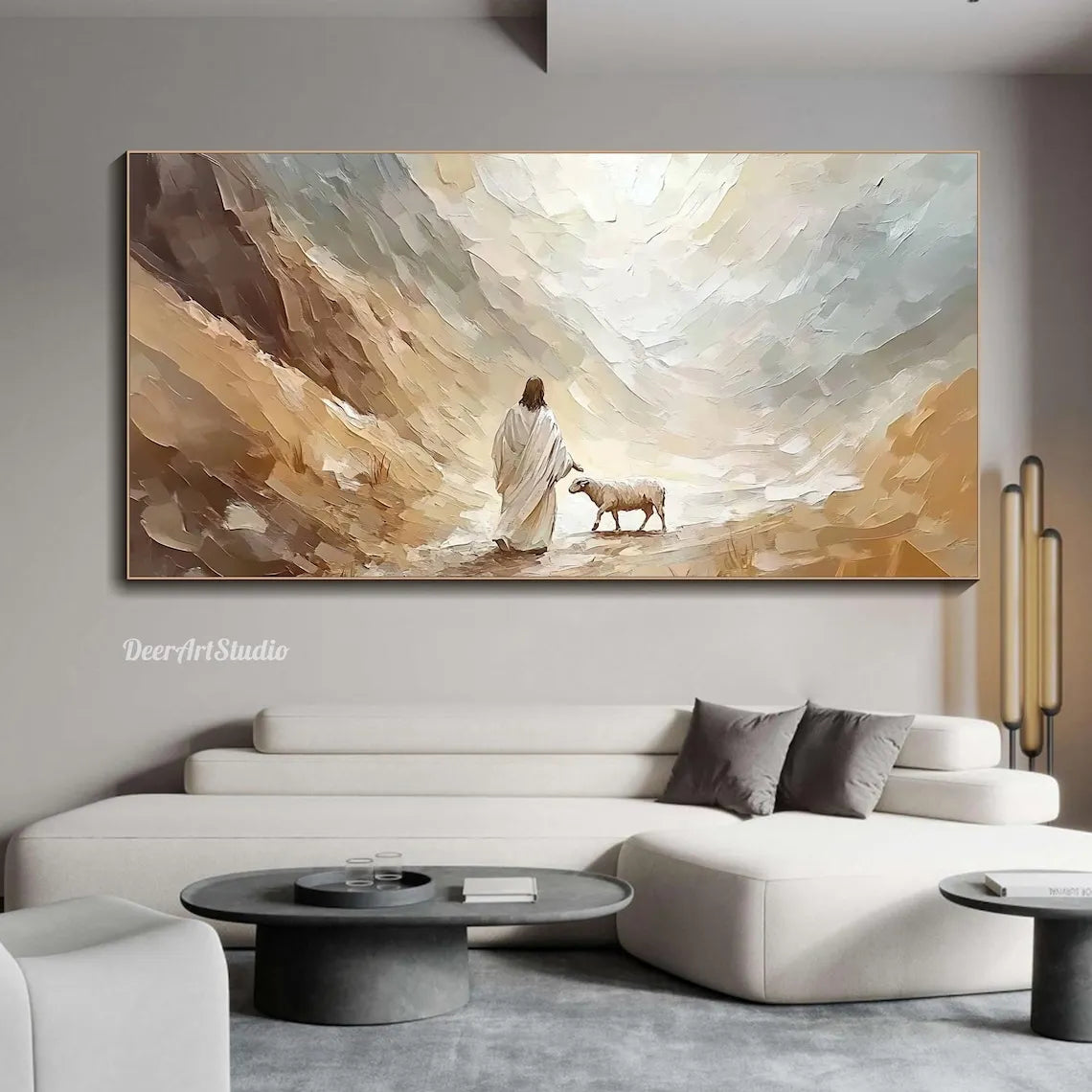 tableau moderne paysage abstrait nuages montagnes beige marron gris blanc sans cadre toile impression