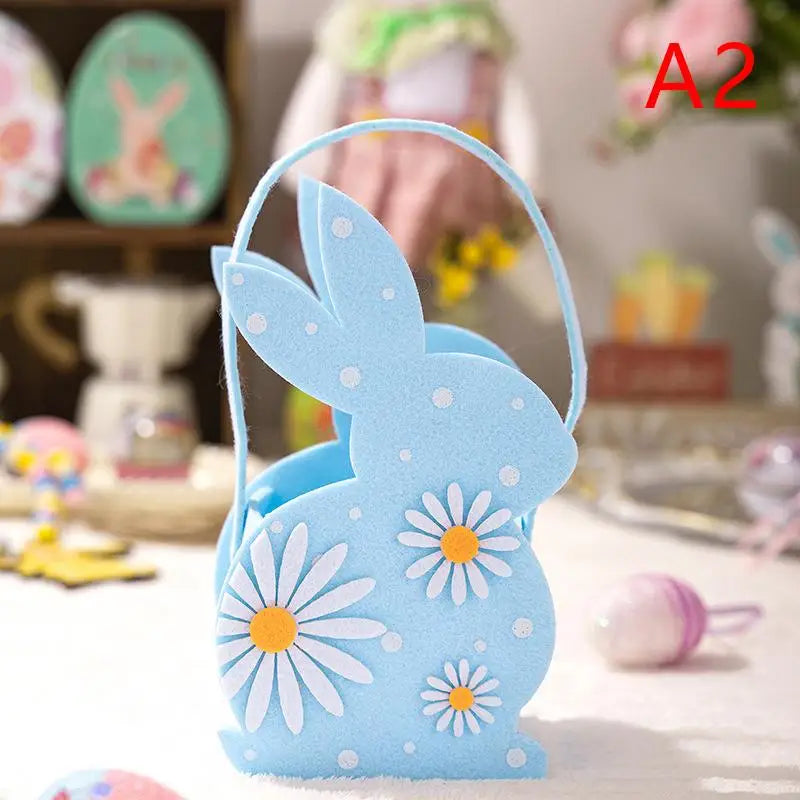 sac main forme lapin fleurs blanches taches noires couleurs vert rose bleu jaune pâques