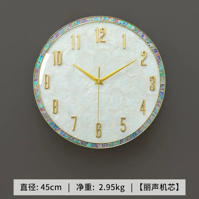horloge murale moderne nacrée motifs veinés blanc doré irisation verte rose bleue