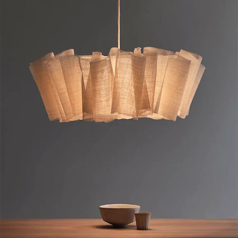suspension lumineuse moderne tissu rayures horizontales beige clair lumières 60cm