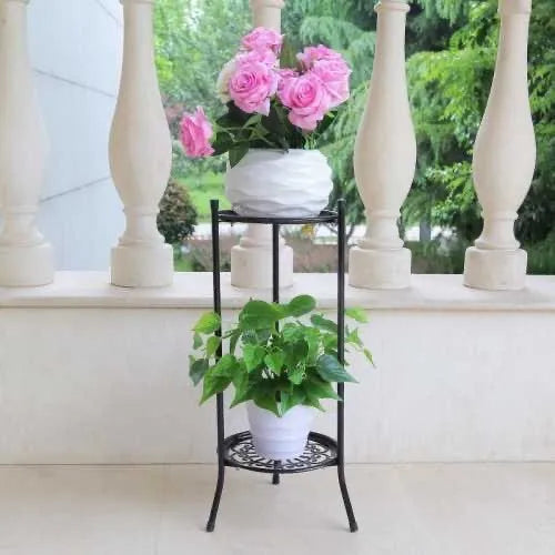 support fleurs étagère métal noir blanc ajouré circulaire plante verte pot terre cuite industriel