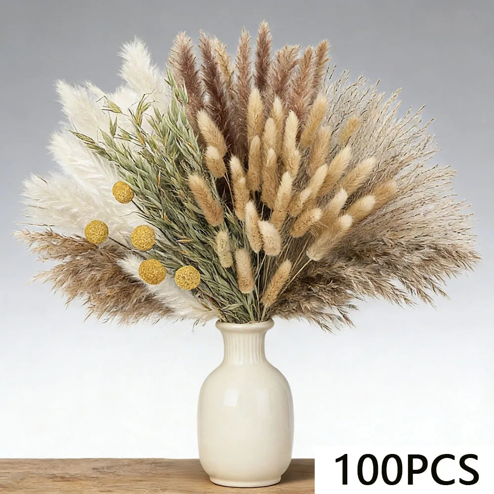 bouquet fleurs séchées eucalyptus roseau pampas beige blanc vert rustique décoration maison anniversaire mariage
