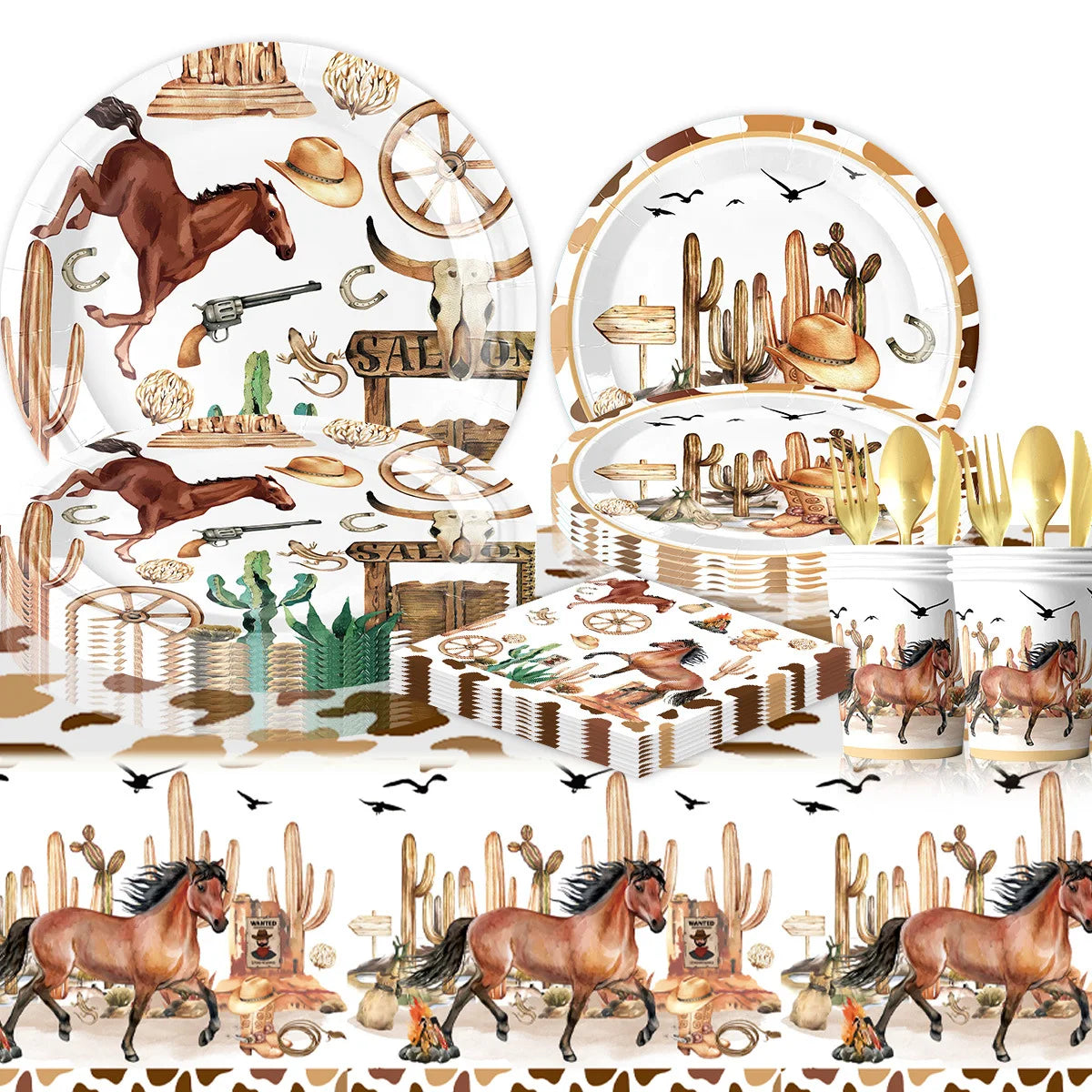 assiettes western verres serviettes nappe happy birthday chevaux cactus bottes motifs festives anniversaire noel