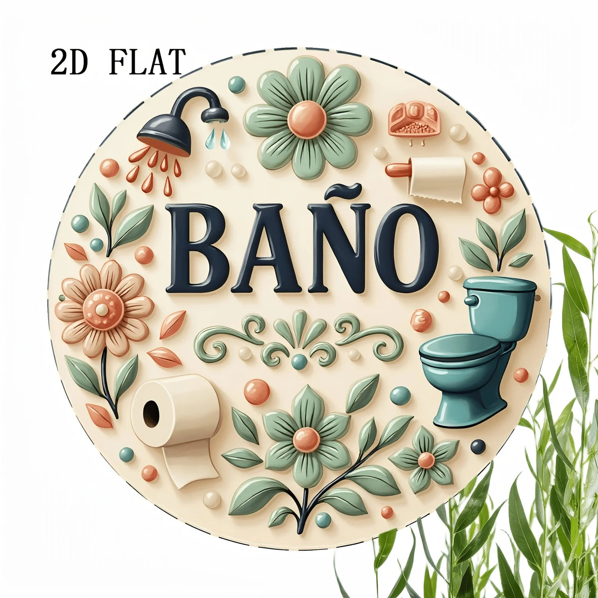 plaque décorative artisanale motif floral salle bain beige vert orange bleu toiletes douchette