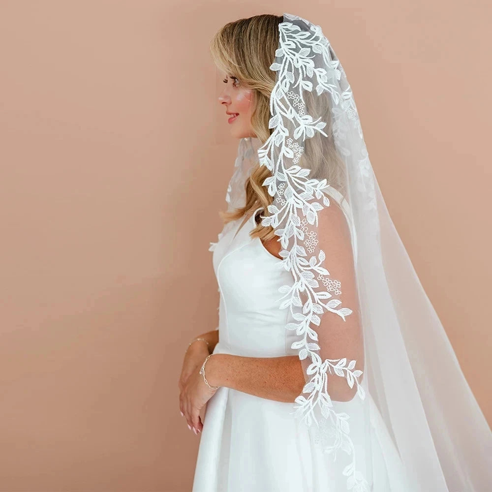 voile mariée blanc broderie florale translucide classique peigne épingles