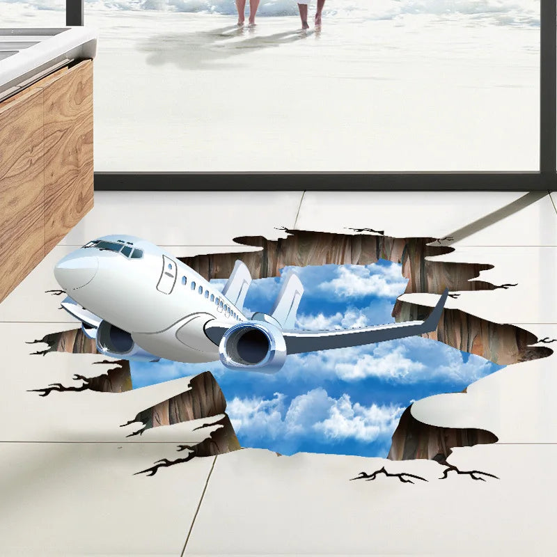 sticker mural 3d avion ciel nuages texture bois blanc bleu gris brun réaliste adhésif