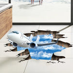 sticker mural 3d avion ciel nuages texture bois blanc bleu gris brun réaliste adhésif