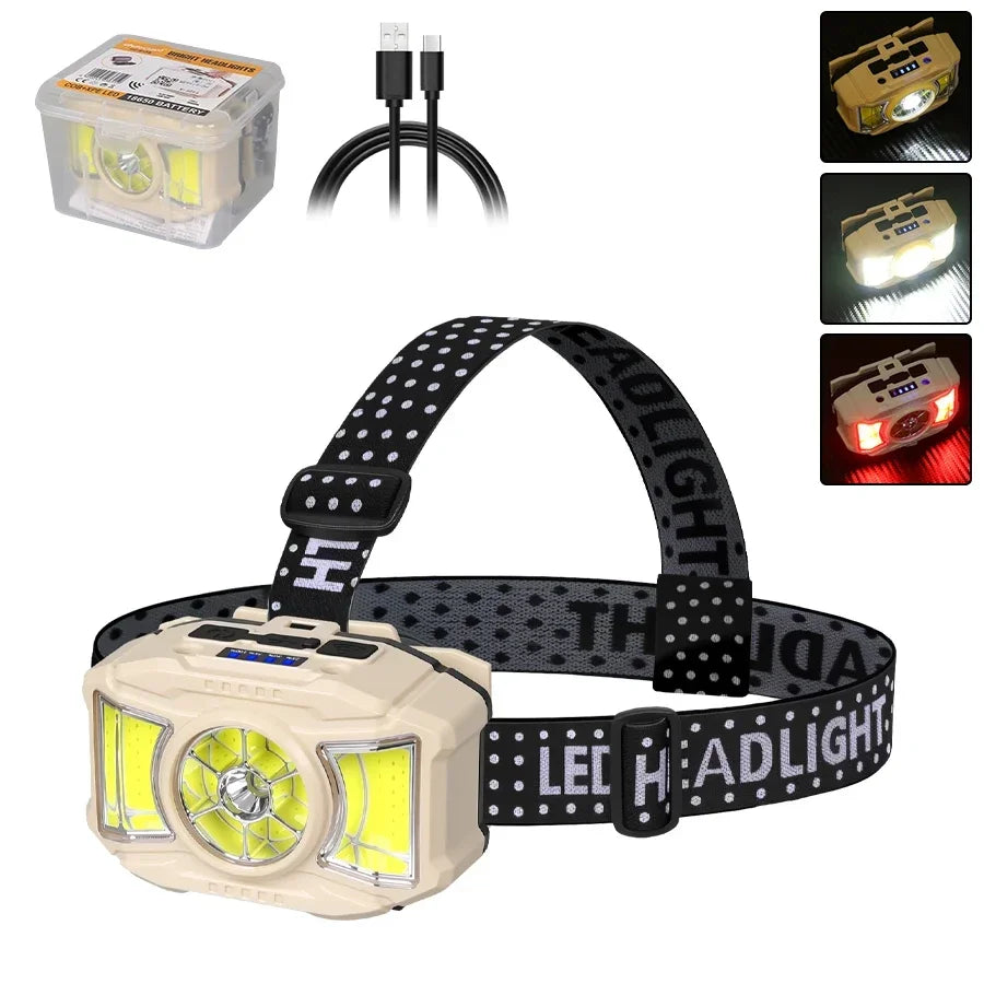 lampe frontale led beige rechargeable usb ceinture ajustable modes éclairage pratique robuste