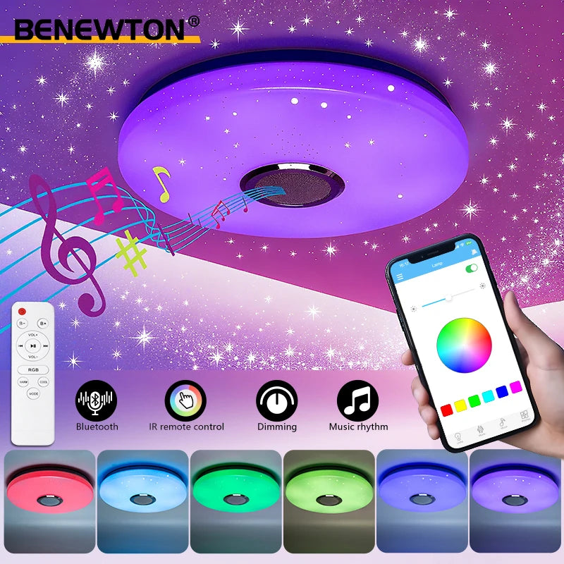 plafonnier led moderne violet blanc rouge vert bleu rose orange jaune musique bluetooth télécommande