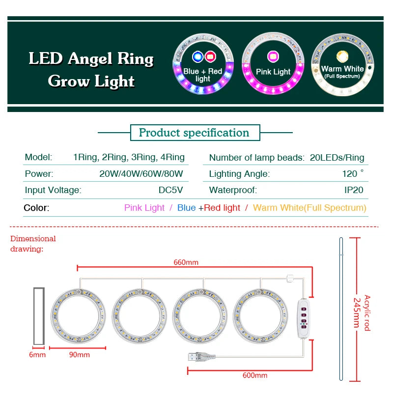 anneaux lumineux led croissance plantes intérieures blanc rose bleu rouge moderne minuterie usb rechargeable