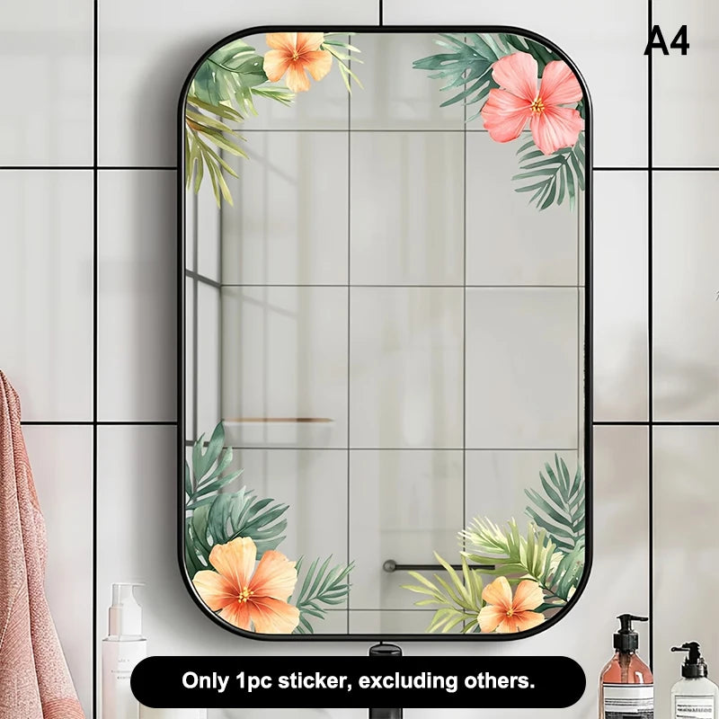 miroir adhésif moderne fleurs feuilles verte doré noir floral amovible chambre salle bain