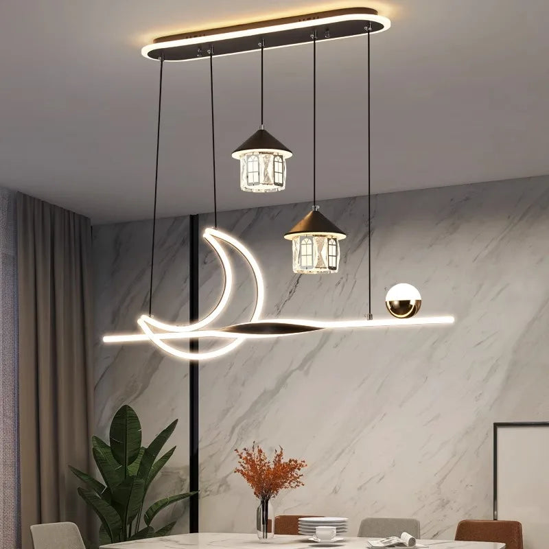 Suspension lumineuse moderne blanc doré noir lune étoile cercle motifs géométriques opaques