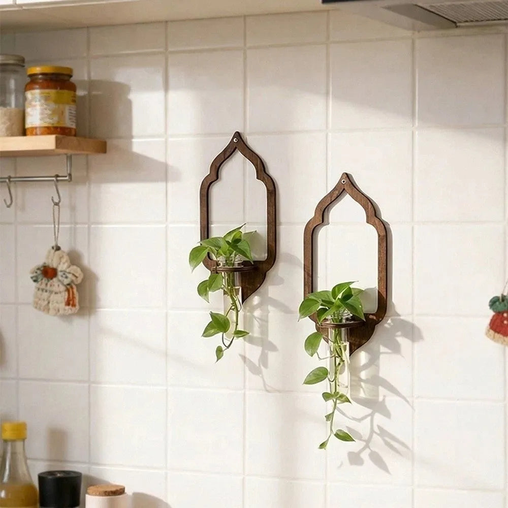 porte plantes mural bois verre transparent motif soleil arabe minimaliste adultes