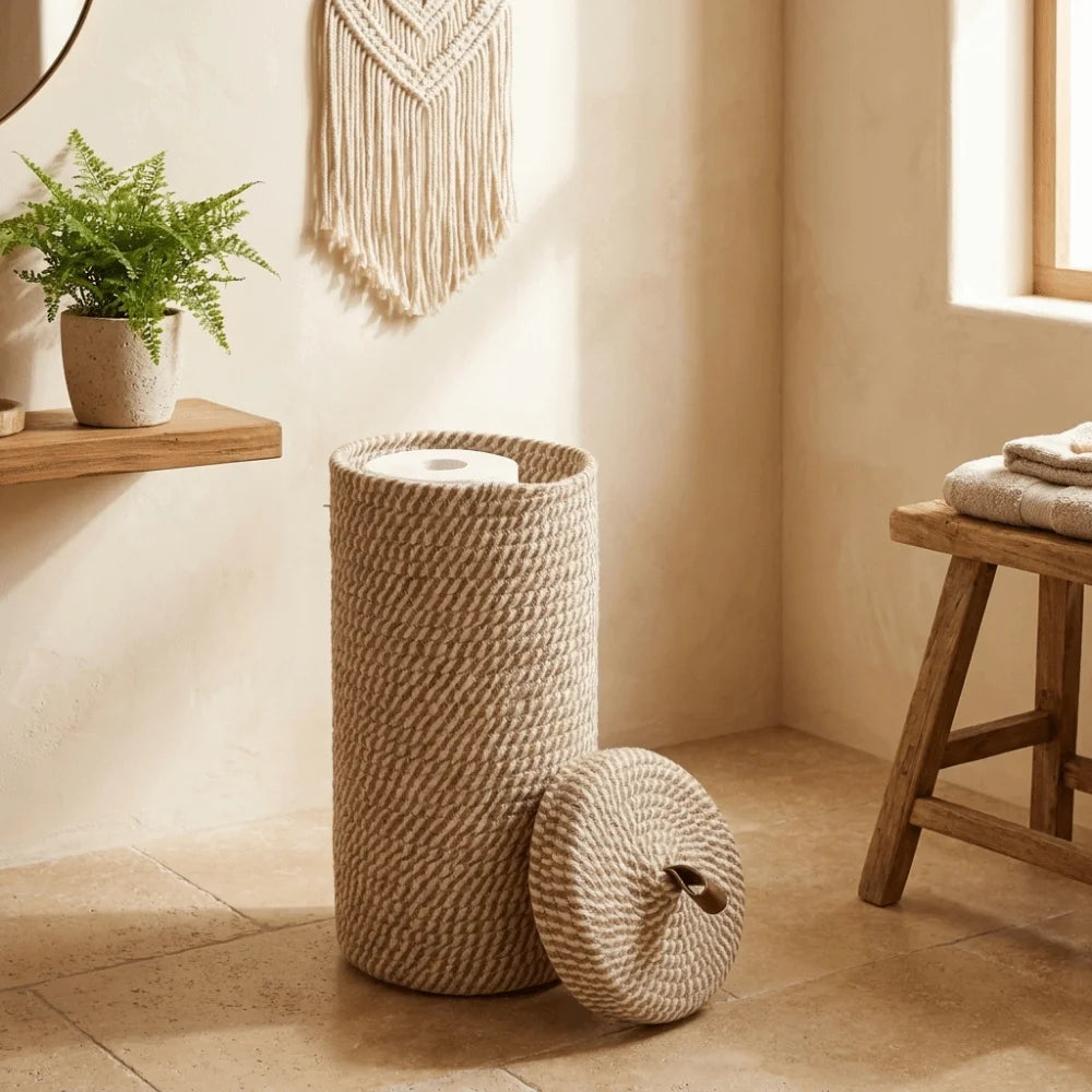 corbeille linge tissée coton blanc beige moderne rustique respectueuse environnement couvercle poignée
