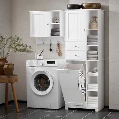 Armoire haute salle de bain blanche avec panier à linge pliable - Vue frontale