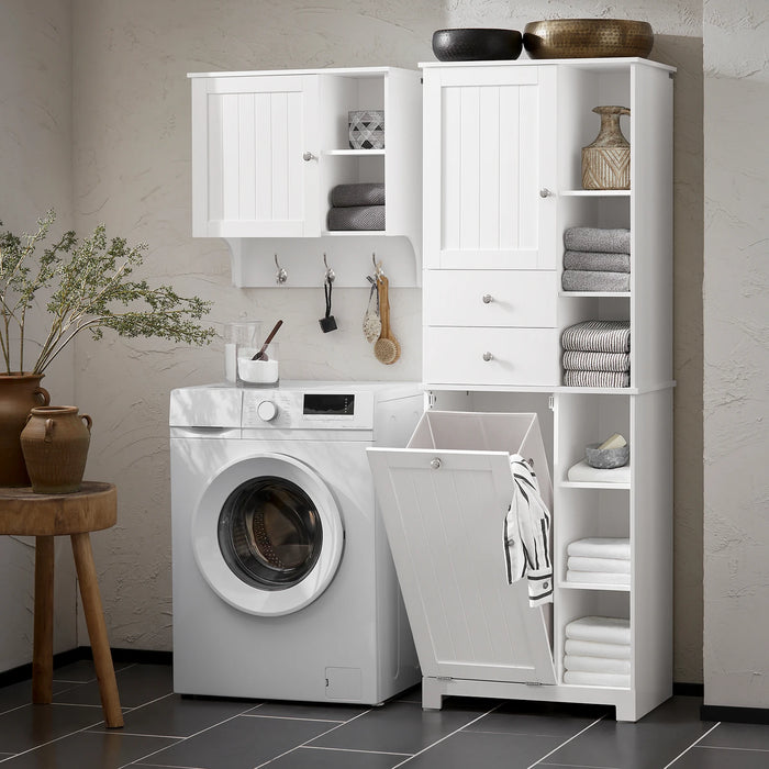 Armoire haute salle de bain blanche avec panier à linge pliable - Vue frontale