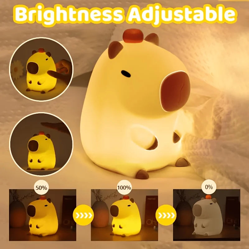 veilleuse table capybara led rechargeable silicone jaune marron moderne doux enfants chambre