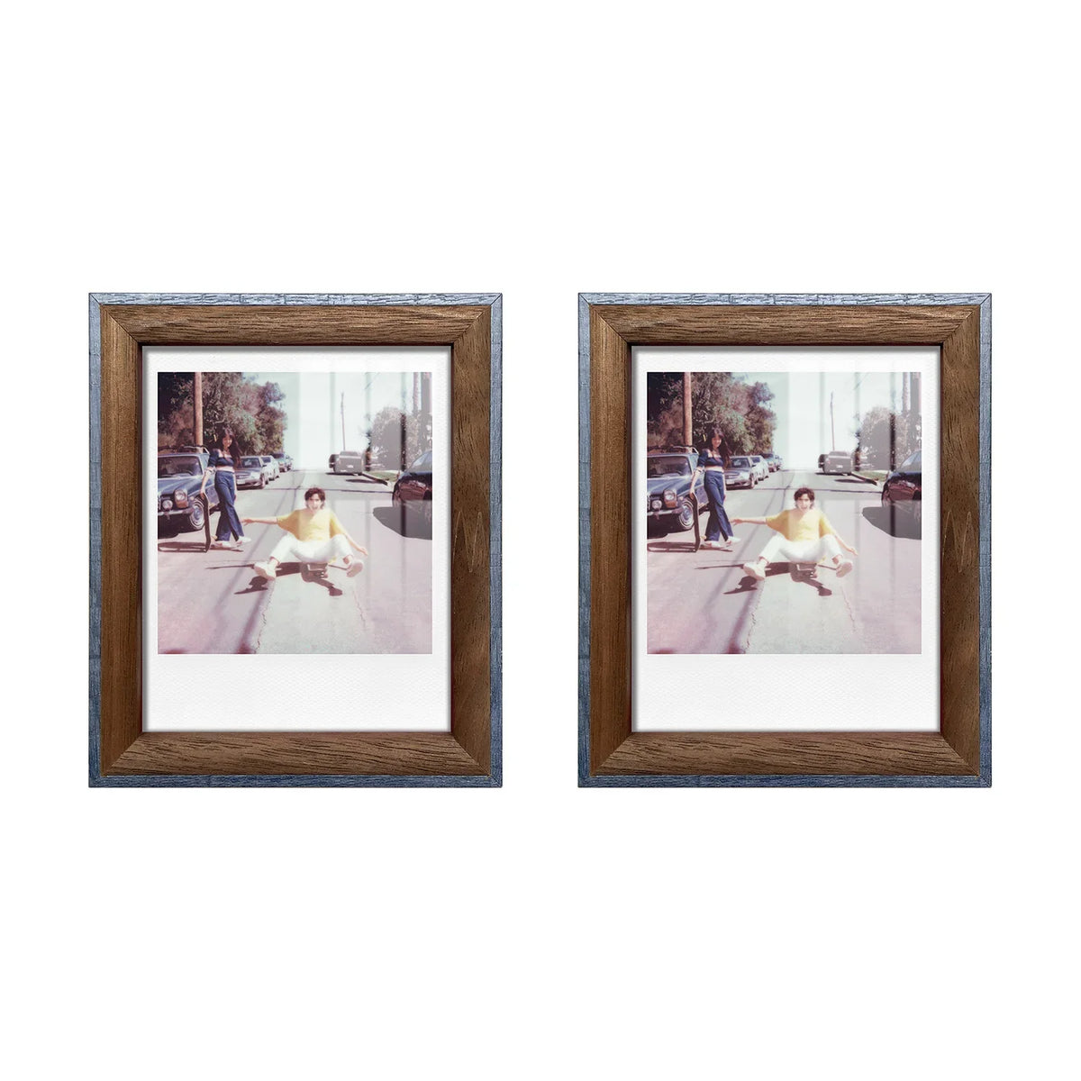 cadre photo polaroid marron bleu gris bois vieilli protection acrylique crochets métalliques film photo