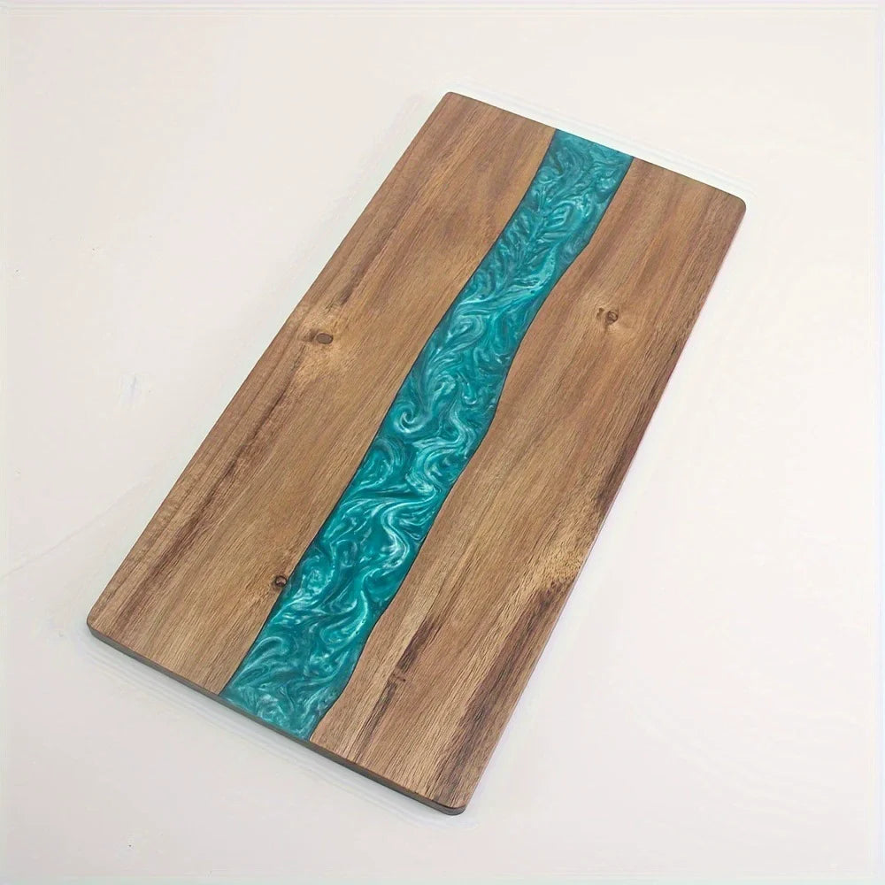 planches découper bois naturel bleu résine artisanale modernes cuillère couteau fourchette citron cerises épices
