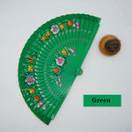éventail traditionnel bois motif fleurs géométriques rouge bleu rose vert Jaune Noir