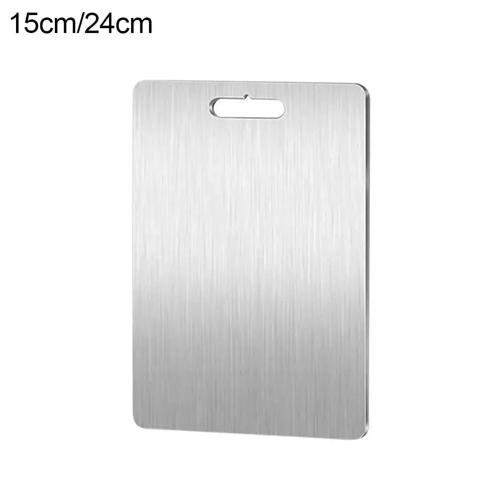 planche découper acier inoxydable texture brossée poignées moderne cuisine qualité alimentaire double face 28cm