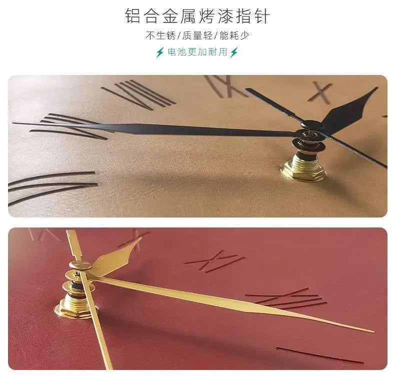 horloge murale marron clair rouge foncé gris imitation cuir chiffres romains vintage rustique minimaliste