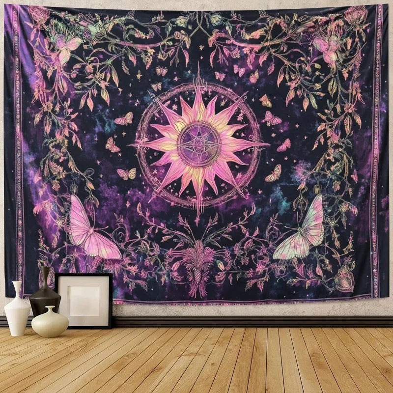 tapisserie boho floral papillons pentagramme galaxie violet noir rose blanc salon chambre