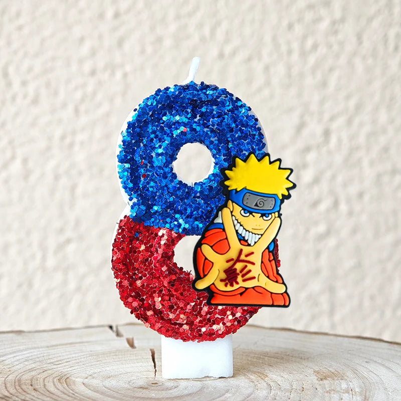 bougies décoratives anime personnages paillettes bleu rouge jaune blanc thème naruto shippuden anniversaire gâteau