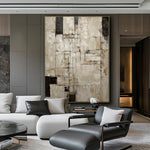 tableau abstrait moderne minimaliste beige noir blanc géométrique toile huile peinture main livingroom bedroom