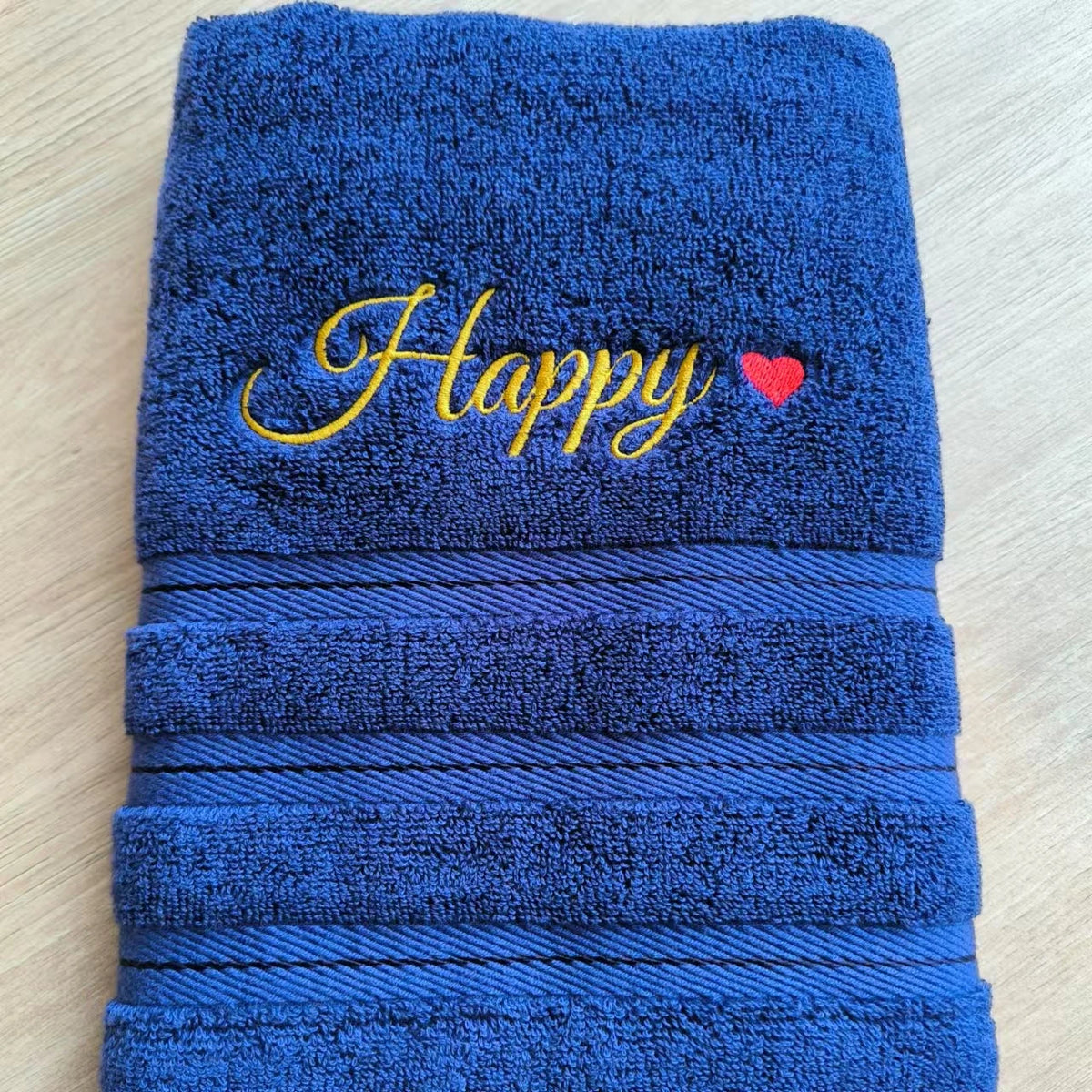 serviette coton bleu roi broderie dorée happy cœur classique maison plage cadeau adultes enfants