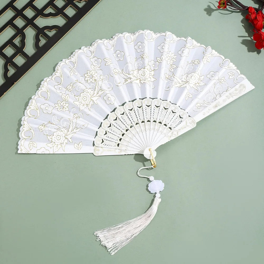 éventail pliant traditionnel violet blanc fleurs brodées clips métalliques pompon élégant décoration danse hand
