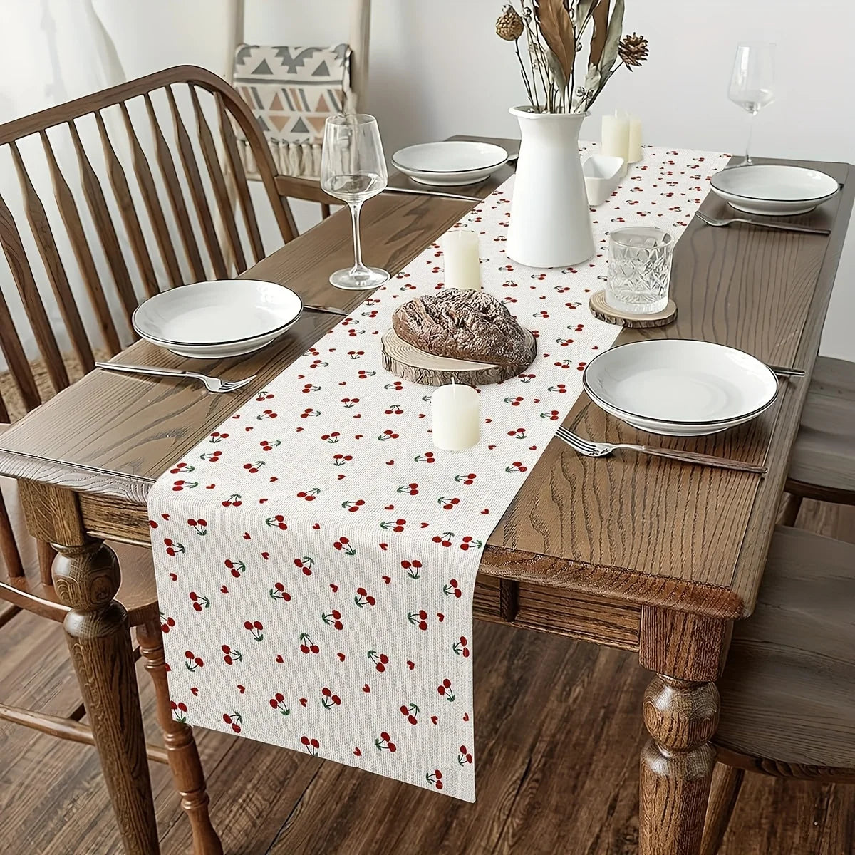 tableau table rectangulaire tissage motifs fruits cerises plantes blanc rouge vert décoration printemps été