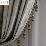 rideau occultant classique gris beige motif géométrique franges dorées salon chambre maison luxe