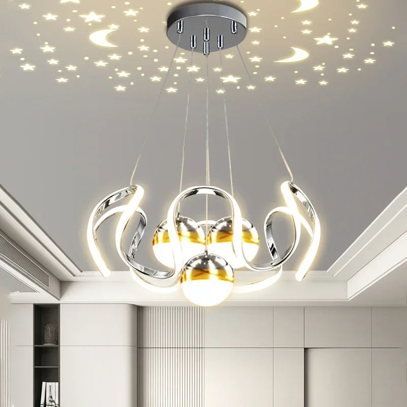 suspension lumineuse moderne noir doré boules lumière câbles suspendus forme circulaire ondulée