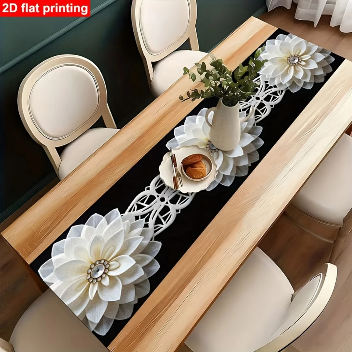 chinois moderne élégant chemin table imprimé fleurs blanches motifs géométriques polyester opaque