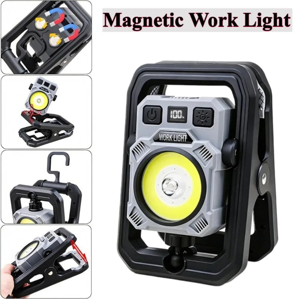 lampe travail magnétique noir clips port usb rechargeable led robuste pratiqueextérieur