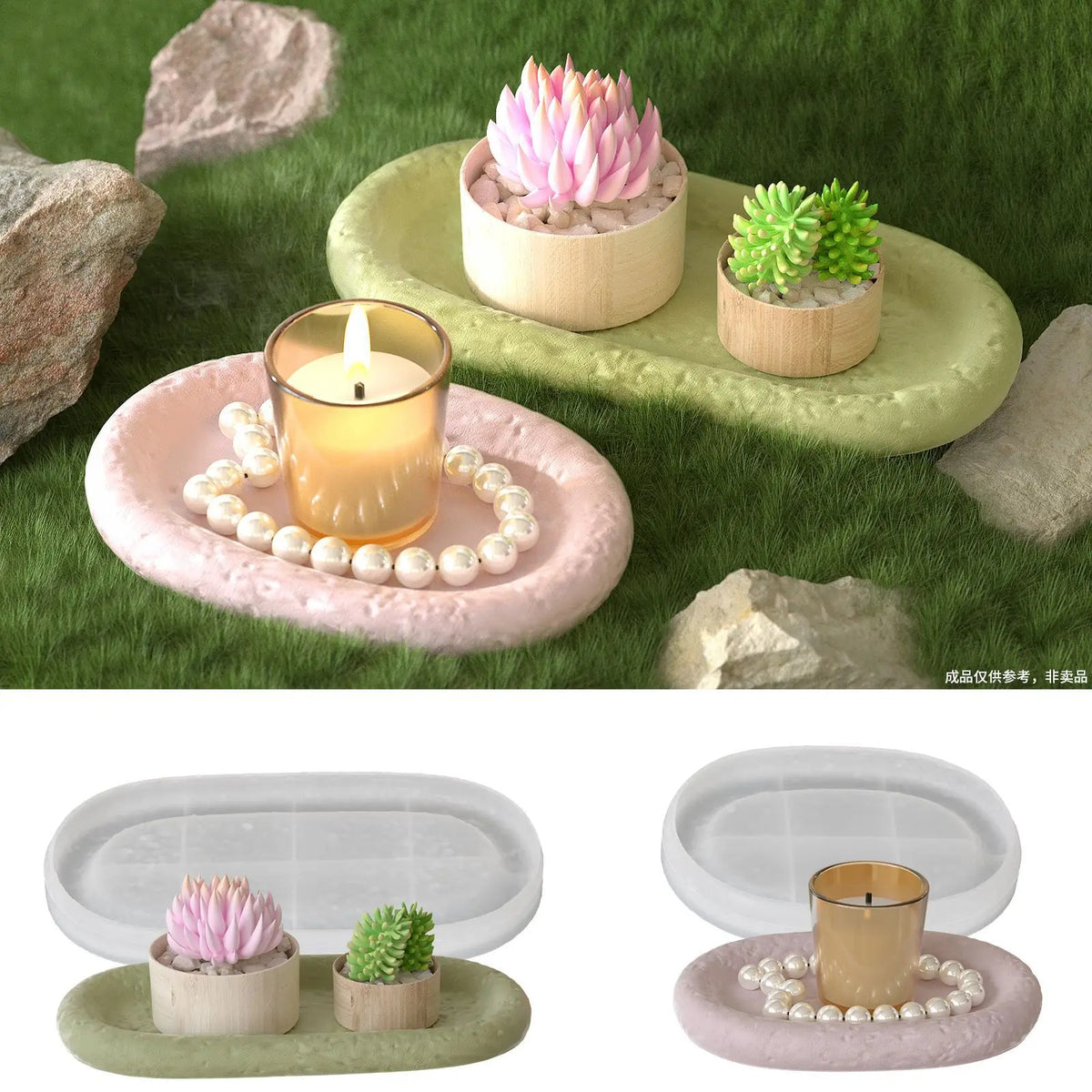 plateau silicone forme ovale texture pierre rangement bricolage plantes succulentes gazon artificiel blanc vert