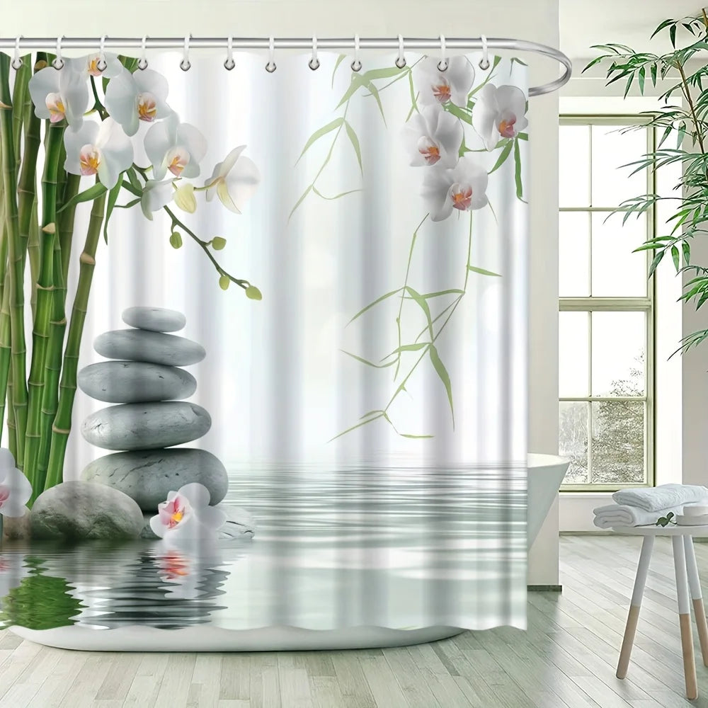 rideau douche moderne orchidées bambou pierres opalescent blanc vert gris rose naturel