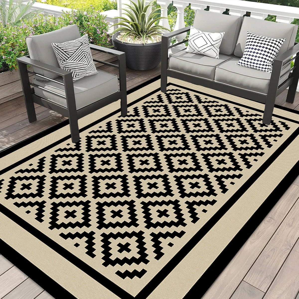 tapis extérieur moderne polypropylène noir blanc gris motifs floraux rectangleversible imperméable double face